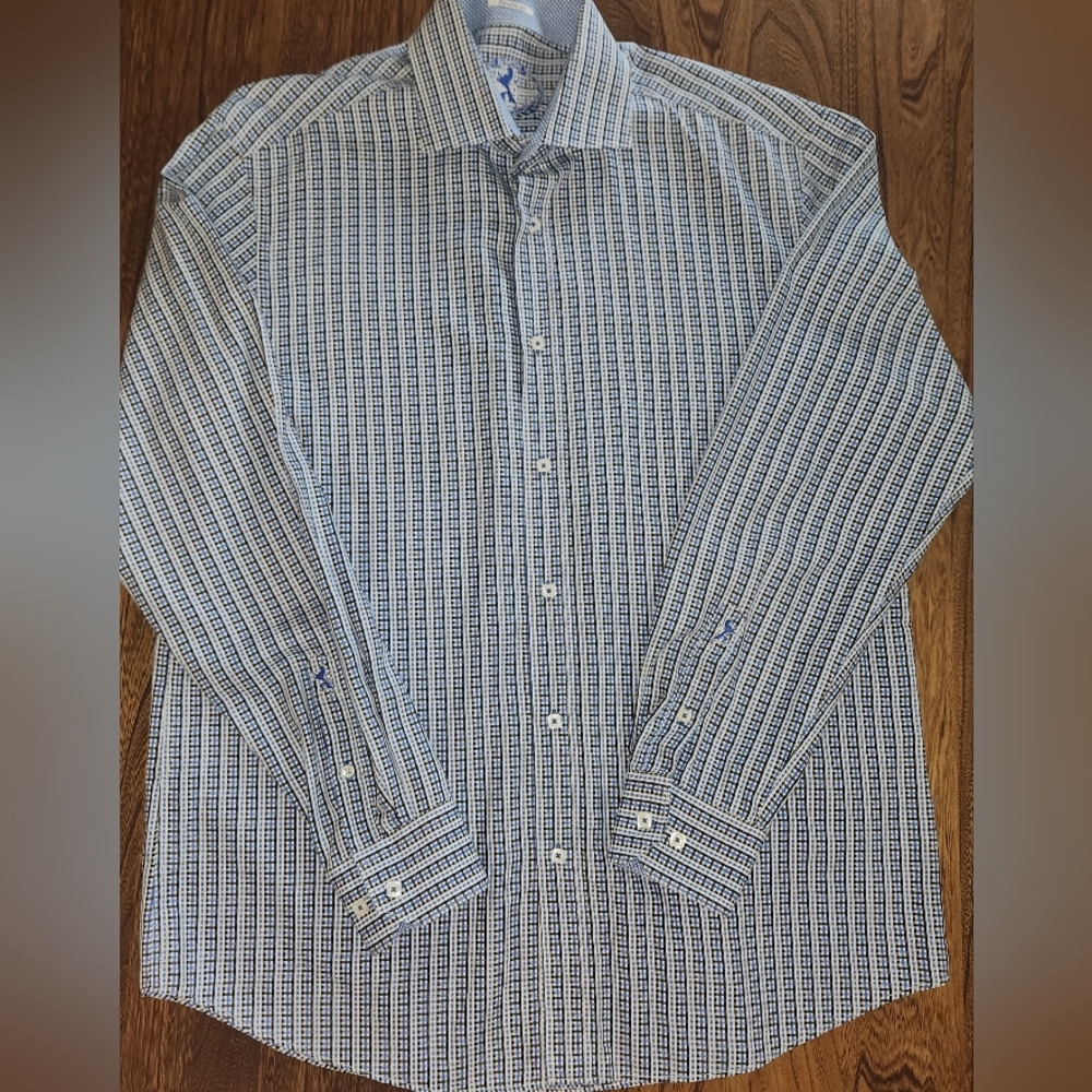 Bugatchi Geometric Men's Long Sleeve Print Sport Shirt Shaped Fit Blue M